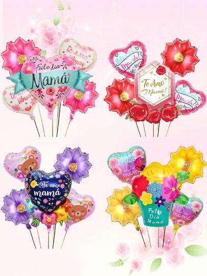 5pcs Spanish Mother's Day Balloon Set, Including Heart Ribbon, Rose Diamond, Flower Bed, Love Flower Foil Balloons, Suitable For Mother's Day Decoration, Indoor/Outdoor Decor, Photo Props, Gift For Mom, Best Mom, I Love You Mom Mother's Day Party Supplies