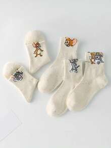 5 Pairs Women's Socks - Warner Bros Cartoon Cat & Mouse Animal Pattern, Made Of Polka Dot Mesh Fabric, Breathable & Moisture-Wicking, Suitable For Couples, Autumn/Winter, Everyday Wear - Multicolor - View 3