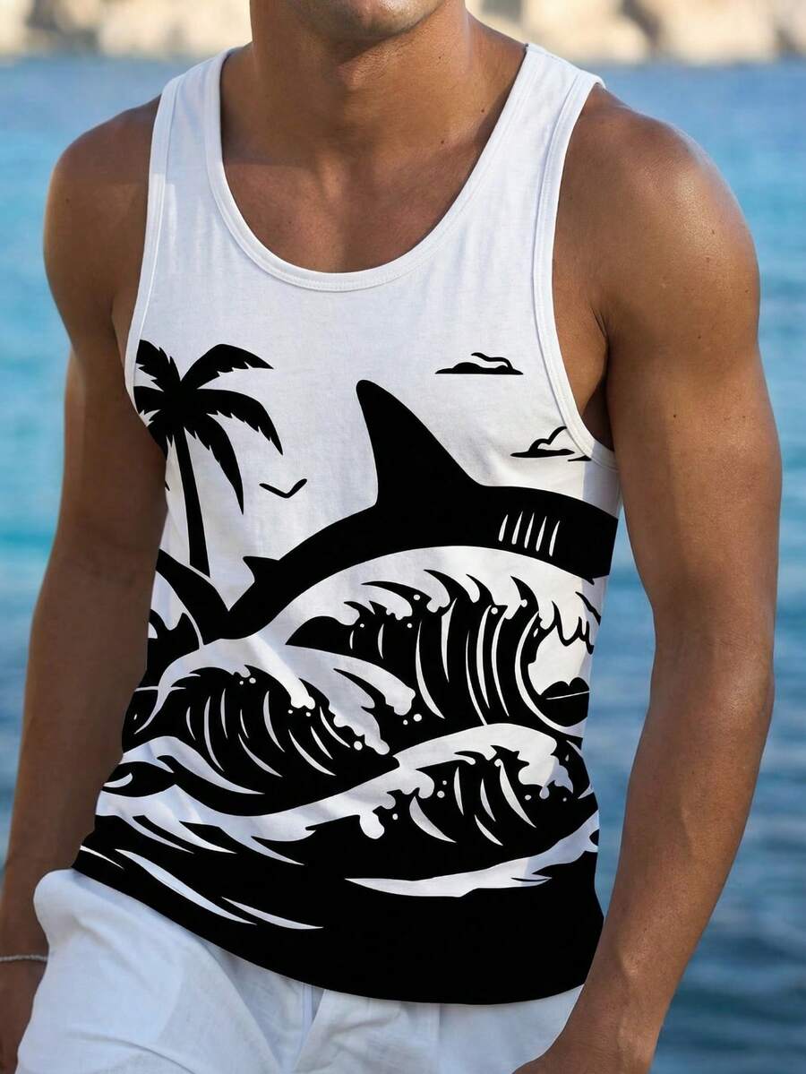 Camisa/Camiseta sin mangas de vacaciones con estampado de tiburón en contraste negro y blanco para hombres - Multicolor - Ver 1