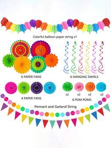 33 Stück Cinco De Mayo Party Dekorationen, mehrfarbige Papierventilator, Kränze, Fahnen, Pompons, geeignet für Geburtstag, Hochzeit, Regenbogen, mexikanisch Mottoparty - Papierfächer-Dekoration - Übersicht 3