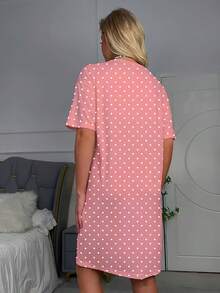 Women's Casual Polka Dot Print Bow Decor Nightgown, Short Sleeve Round Neck T-Shirt Nightgown - Soft & Comfortable Knit Sleepwear For All Seasons - Pink - View 3