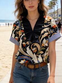 女士休闲春夏宽松褶皱荷叶领条纹拼接蓝白瓷白V领短袖衬衫 - 彩色 - 查看 6