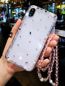 Fashionable Minimalist Rhombus Oblong Single Row Rhinestone Frame Transparent Phone Protective Case Suitable For IPhone 17 Pro Max/16 Plus/XS Max/7G With Crystal Lanyard Anti-Drop Phone Case - Pink - View 2
