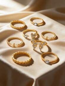 波西米亚复古全钻叠戴戒指套装，女士珠宝，订婚、结婚和情人节礼物 - 蝴蝶型 - 查看 6