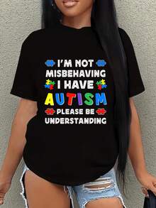 I'm Not Misbeng I Have Autism Son Daughter Support Premium 1 Pcs Women's Plus Size T-Shirt Funny Oversized Graphic Short Sleeve Tee  100% Polyester 220g Novelty Shirt Casual Crew Neck Top - 黑色 - 查看 1
