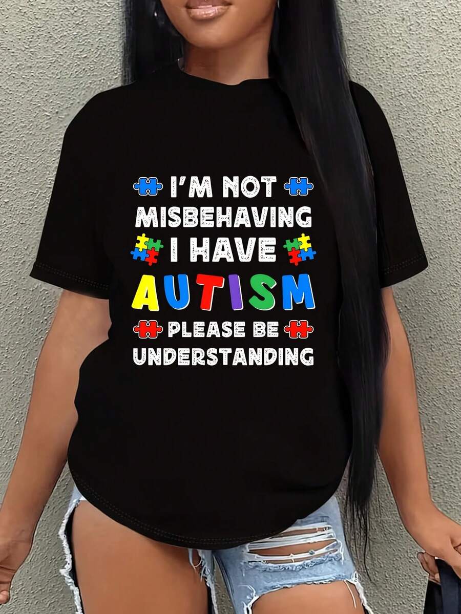I'm Not Misbeng I Have Autism Son Daughter Support Premium 1 Pcs Women's Plus Size T-Shirt Funny Oversized Graphic Short Sleeve Tee  100% Polyester 220g Novelty Shirt Casual Crew Neck Top - 黑色 - 查看 1