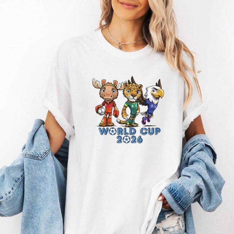 World Cup 2026 Kids Shirt, Cute Mascot Soccer Trio Tshirt, 2026 Soccer Mascot - 白色 - 查看 1