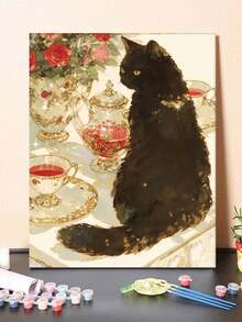 [2D平面] 1件 黑猫玫瑰茶具 DIY数字油画帆布画 DIY工艺品 成人家居装饰礼物 40x50厘米/16x20英寸 优雅复古风格艺术品，适用于客厅墙面装饰。 - 40*50厘米 - 查看 7