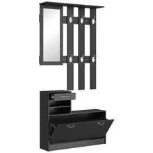 HOMCOM Conjunto de Recibidor de Entrada con Espejo, Perchero y Zapatero, Muebles de Recibidor de 2 Piezas con 6 Ganchos, Estante y Cajón, para Pasillo, Negro - Negro - Ver 1
