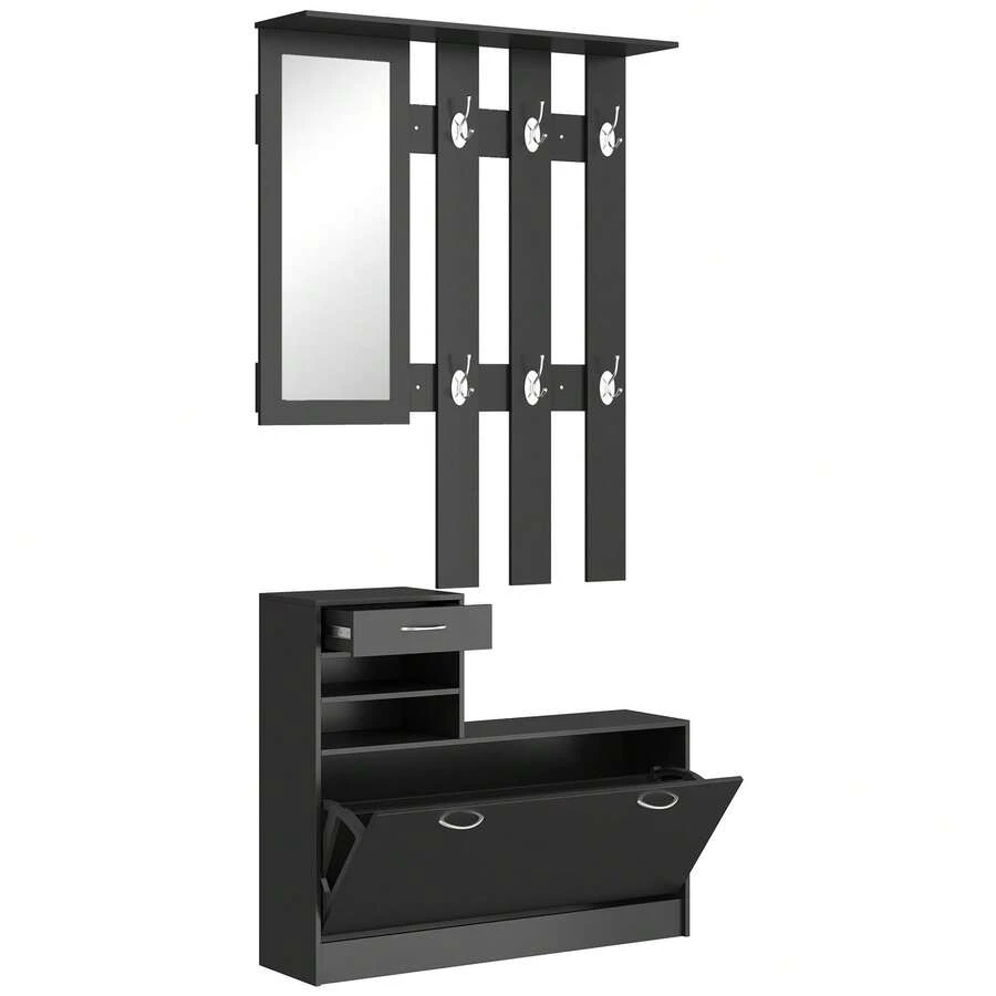 HOMCOM Conjunto de Recibidor de Entrada con Espejo, Perchero y Zapatero, Muebles de Recibidor de 2 Piezas con 6 Ganchos, Estante y Cajón, para Pasillo, Negro - Negro - Ver 1