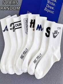 5 Pairs Random Letter Print Men's Mid-Calf Socks, Minimalist Fashion Men's Socks, White Socks, Autumn/Winter - Multicolor - View 2