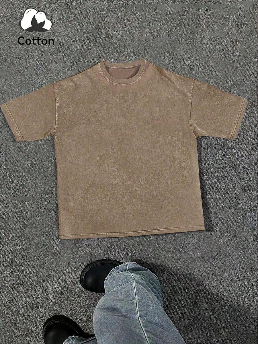 Plus Size Men's Casual Washed Round Neck Short Sleeve T-Shirt, Summer - Camel - View 1