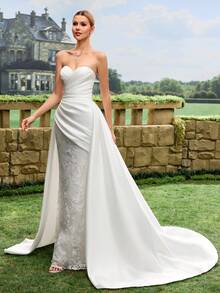 Váy cưới satin không dây vai, chân váy ren xẻ tà, váy cưới trắng, váy cưới kiểu nhà thờ, váy cưới gợi cảm - trắng - Xem 11