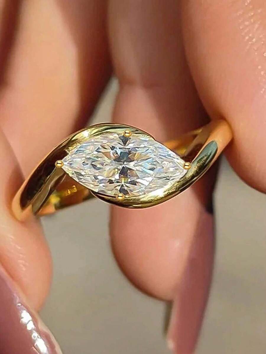 Fashionable Yellow Rotating Elliptical Geometric Ring, Synthetic Cubic Zirconia, Daily Wear & Gift Jewelry For Women - Yellow - View 1