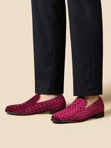 Men's Dress Loafers Velvet Tuxedo Slip-On Shoes Wedding Party Red Bottom For Male - 酒紅色 - 查看 9