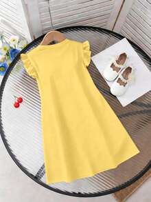 少女中长款休闲简约黑色荷叶边袖连衣裙，可爱优雅的儿童连衣裙，适合春夏穿着 - 黃色 - 查看 2