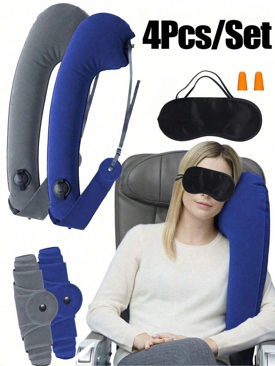1/4pcs Foldable Inflatable Travel Pillow Set With Eye Mask And 2 Earplugs, Lightweight & Portable Neck Pillow, Reusable & Washable, Suitable For Car, Airplane, Cruise, Camping & Outdoor Activities, Innovative Design With Arm Strap To Support Head, Body And Arm For Perfect Sleep Anywhere! Essential For Travel, Camping, Back To School, Backpacking, Great Gift For Mother's Day And Teacher's Day. - Style 1 - View 1