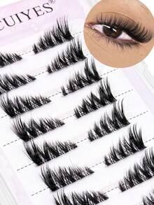 10对半截假睫毛，无需胶水，打造猫眼妆效，自然逼真，透明带设计，轻盈柔软，可重复使用，适合新手、旅行佩戴、新娘妆等场合。 - 黑色 - 查看 2