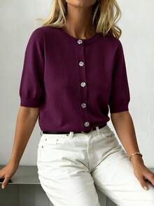 GIGOGOU Cárdigan de punto de manga corta, suave y cómodo, de estilo casual para mujer, para primavera/verano - Morado - Ver 5