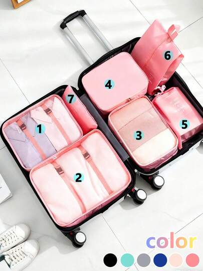 7pcs/Set Travel Organizer Bags, Waterproof Portable Storage Bags With Shoe, Toiletry And Laundry Bags, Essential Travel Accessories. Digital Toiletry Bag, Cosmetic Bag, Packing Cubes