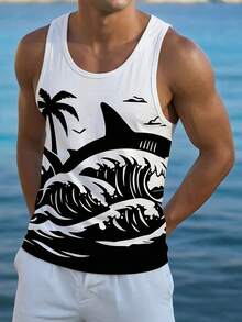 Camisa/Camiseta sin mangas de vacaciones con estampado de tiburón en contraste negro y blanco para hombres - Multicolor - Ver 2