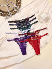 Personalized Name Crystal Letter Thong Sexy Women's Lace Bikini Panties Custom Rhinestone T-Back Triangle Underwear Personalized Gift For Girlfriend Wife Romantic Birthday Anniversary Valentine's Day Christmas Halloween Thanksgiving Honeymoon Bridal Shower Gift - Black - View 3