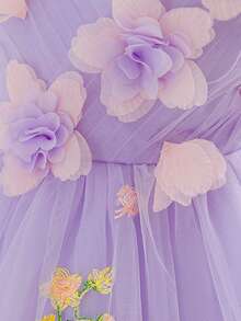 Baby Girls V-Neck 3D Floral Embroidered Mesh Princess Dress, Suitable For Birthday Party, Flower Girl, Wedding, Excluding Headband - 淡紫色 - 查看 8