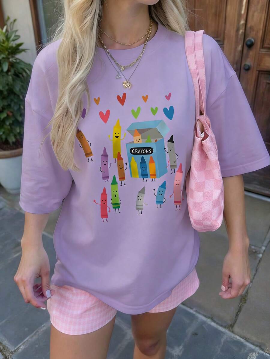 Camiseta de mujer de manga corta y cuello redondo con estampado de crayón, para uso diario casual