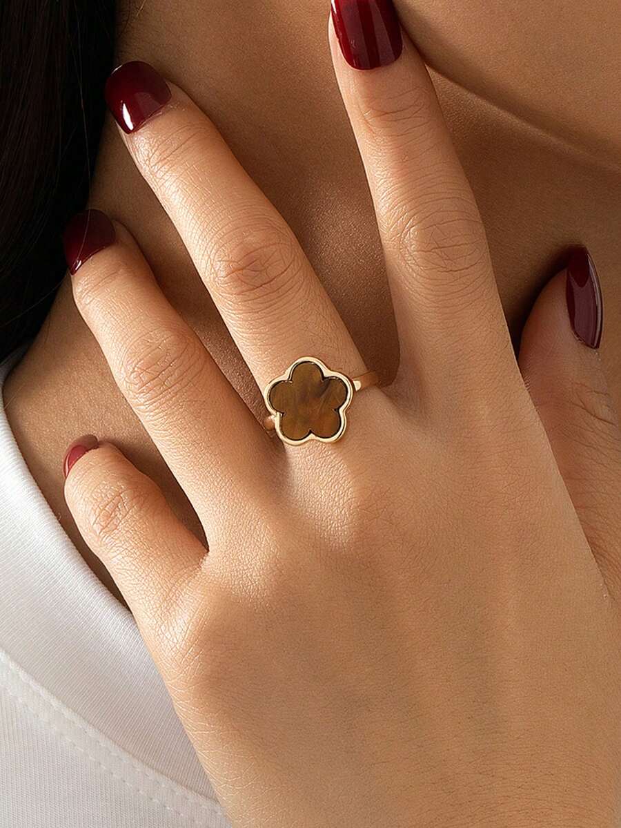 1 chiếc nhẫn hình cỏ năm lá màu nâu cổ điển, thời trang, thanh lịch, đa năng, ngọt ngào, may mắn dành cho nữ - màu nâu - Xem 1