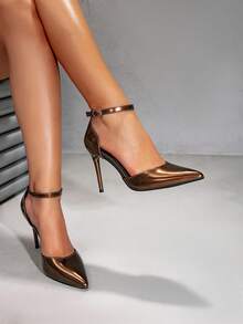 女士新款青铜色尖头细高跟鞋，镂空绑带派对宴会优雅凉鞋 - 銅色 - 查看 2