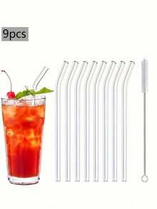 9pcs Glass Straws Set With Cleaning Brush - Reusable Straight & Bent Straws, Suitable For Beverages And Cocktails - Great For Home, Party, Bar, Bubble Tea Shop, Christmas Gift, Back To School - View 3