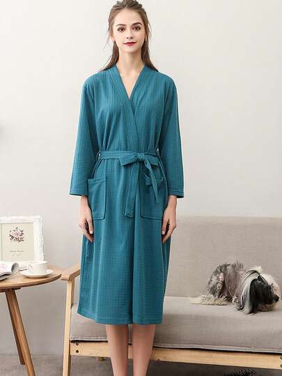 女士纯棉浴袍，1件装，舒适格子针织和服式设计，柔软吸水，适合居家、SPA、酒店休闲穿着，情人节礼物