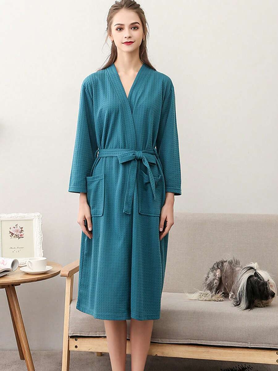 1 pieza Bata de baño de 100% algodón para mujer, cómoda bata de estilo kimono de punto a cuadros, suave y absorbente, adecuada para el hogar, SPA, ocio en hotel, regalo del Día de San Valentín - Verde - Ver 1