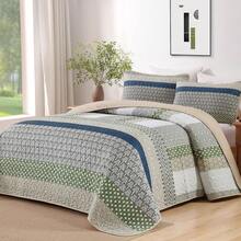 3 Pieces Boho Quilted Bedspread Set Khaki Green Quilt Queen King Size, Bohemian Stripe Quilt Sets  Lightweight Microfiber Coverlet Bedding Set Suitable For Wedding Items, Valentines Day Home Bed Room Decor, Mothers Day Gift, All Season - 卡其綠 - 查看 4