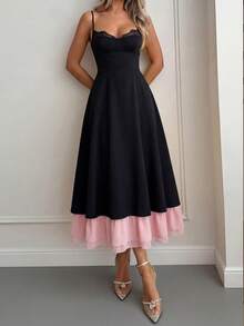 Đầm chiffon xếp ly, viền ren dệt, dáng xòe, thanh lịch, gợi cảm dành cho nữ, thích hợp cho kỳ nghỉ, đám cưới, tiệc tùng, hẹn hò. Màu đen. - màu đen - Xem 4