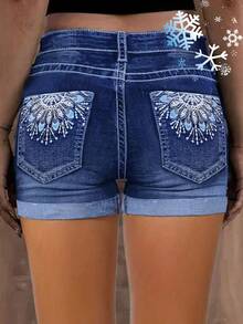 Plus-Size Women's High-Waist Shorts With Delicate Embroidered Patterns On The Back Pockets, Vintage Dark Blue Plus-Size Women's High-Waist Denim Shorts - 藏青色 - 查看 11