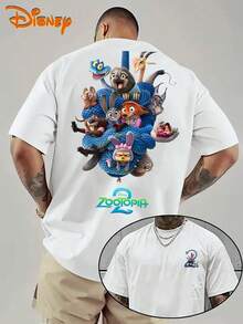 Camiseta de cuello redondo unisex de algodón de 220g con estampado del grupo de todos los personajes de Zootopia 2, con licencia oficial de Disney - Blanco - Ver 1