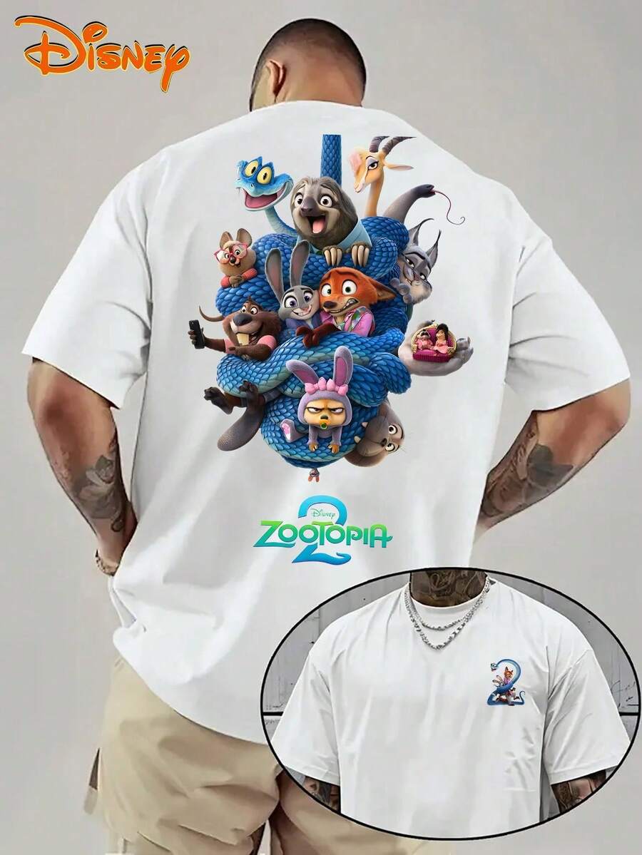 Camiseta de cuello redondo unisex de algodón de 220g con estampado del grupo de todos los personajes de Zootopia 2, con licencia oficial de Disney - Blanco - Ver 1