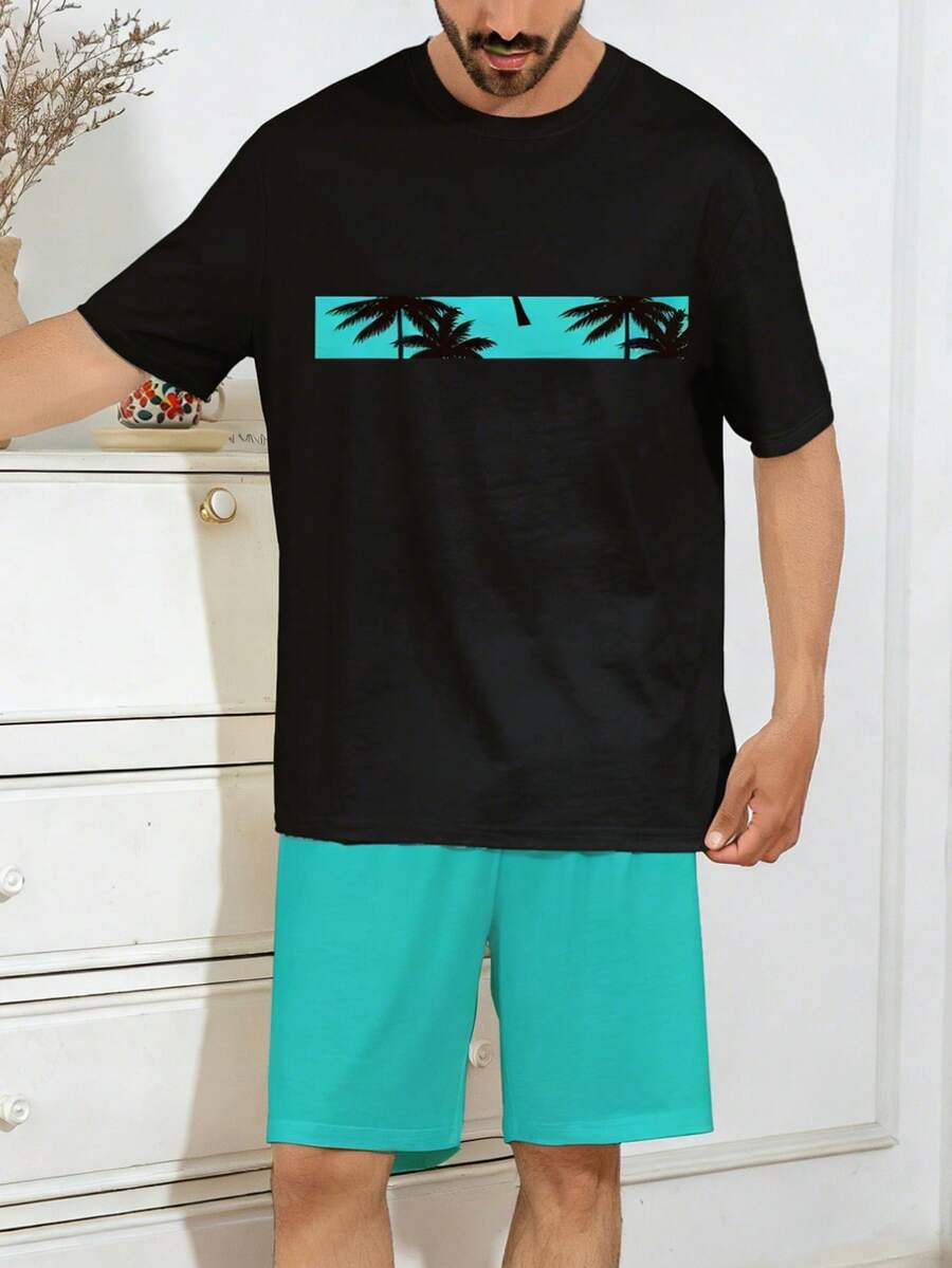 Men's Casual Coconut Tree Print Short Sleeve & Shorts Pajama Set, Lightweight Summer Sleepwear - Multicolor - View 1