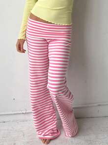 Lounge Yoga Pants For Women Fold Over Low Waist Wide Leg Sweatpants Flare Leggings Bell Bottoms Y2K Foldover Pants - 粉色 - 查看 2