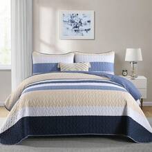 3 Pieces Boho Quilted Bedspread Set Blue Quilt Queen King Size, Bohemian Stripe Quilt Sets  Lightweight Microfiber Coverlet Bedding Set Suitable For Wedding Items, Valentines Day Home Bed Room Decor, Mothers Day Gift, All Season - 寶藍色 - 查看 4