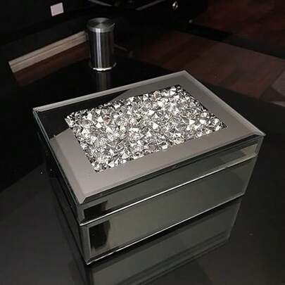 Biznest Glass Silver Mirrored Diamante Crushed Jewels Jewelry Box Mirrored Storage Box