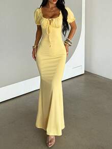 WOWDARK 夏季连衣裙，黄色时尚女式泡泡袖系带腰部褶皱弹力优雅连衣裙，适合狂欢节、约会、聚会、派对、旅行、度假、海滩等场合。 - 黃色 - 查看 3