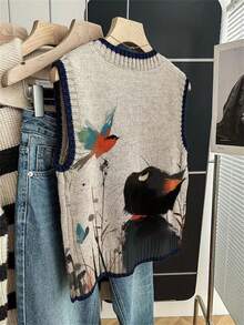 Women's Lightweight Creative Print Sweater - Cute Cat Print, Casual Crew Neck Long Sleeve Vest Top, Suitable For All Seasons, Layered Design, Vibrant Color Combination - Apricot - View 2