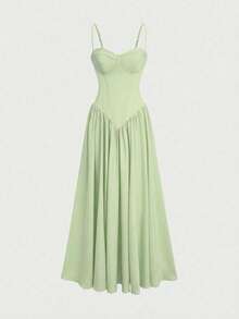 Elegant Romantic Pleated Midi Dress, Suitable For Casual, Date, Holiday, Wedding Guest Summer - Green - View 4
