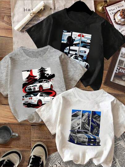 3pcs/Set Tween Boys Casual Printed Round Neck Short Sleeve T-Shirts, Summer Tops