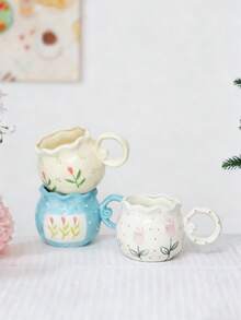 1pc Creative Handmade Asymmetrical Shaped Round Ceramic Milk Coffee Mug With Floral Relief Painting - Multicolor - View 2