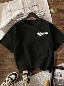 加州夏季海滩度假装扮，女士休闲圆领短袖T恤，加大码黑色 - 黑色 - 查看 3