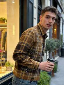 Street Life Spring Casual Graphic Men'S Shirt With Rhinestone Plaid Pattern, Long Sleeve, Streetwear American Style - 黃色 - 查看 5