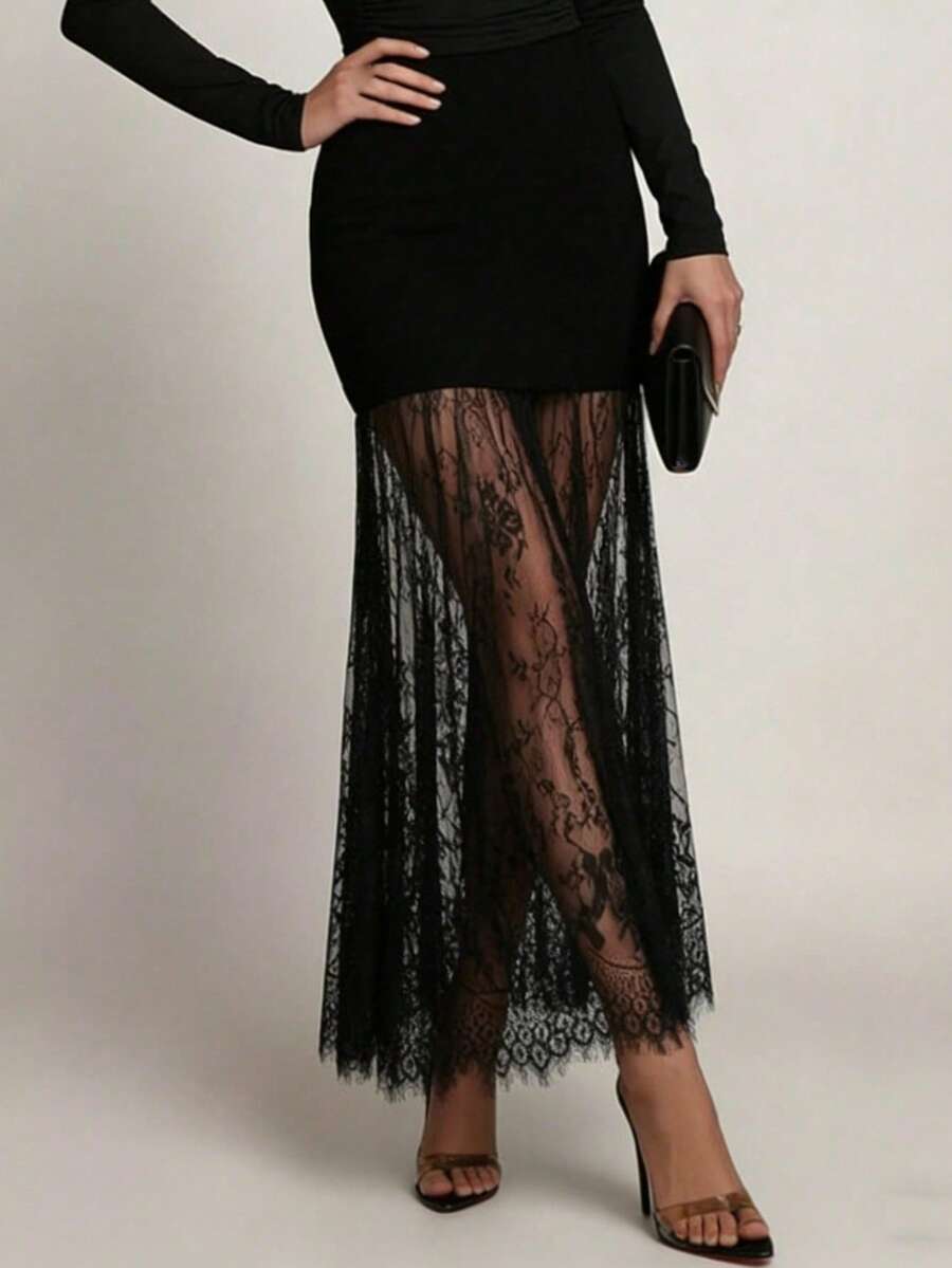 Elegant Women's Long Tight Pencil Skirt, Contrast Lace Detail, Woven Fabric, Non-Stretch, Sexy Design - Black - View 1
